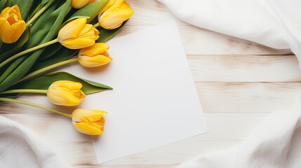 Fototapete - Minimalist business brand template with blank cards yellow tulip bouquet and crumpled linen background Top down view . Mockup image