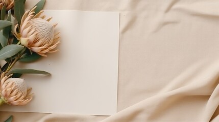 Poster - Neutral beige linen blanket with blank paper sheet card dried protea flower Minimal aesthetic business brand template Top view . Mockup image
