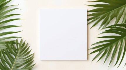 Poster - Palm leaf on table with square invitation card mockup