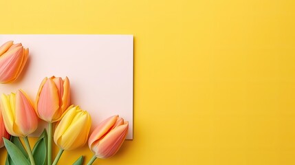 Fototapete - Floral themed template with blank mockup cards and colorful tulip bouquet