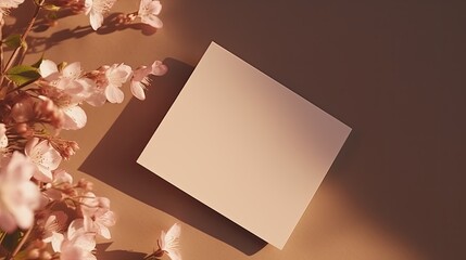Poster - Flat lay cards with sunlight shadows on beige background perfect for business branding . Mockup image