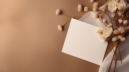 Poster - Neutral beige background with empty card envelope and flowers ideal for wedding invitations or greeting cards. Mockup image