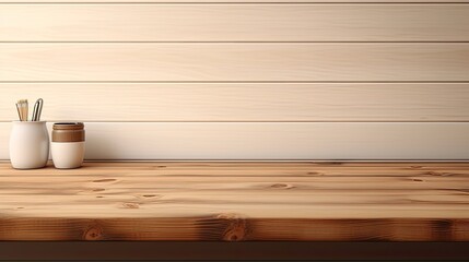 Leinwandbilder - Front view of workspace with wooden desk table supplies and coffee mug featuring copy space. Mockup image
