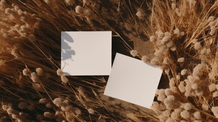 Poster - Dried grass stems on dark background with blank paper sheet cards for business brand Flat lay top view . Mockup image