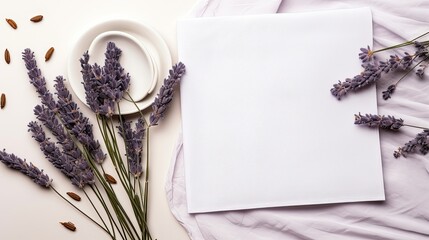 Fototapete - Mockup of a greeting or invitation card with fabric lavender and eucalyptus