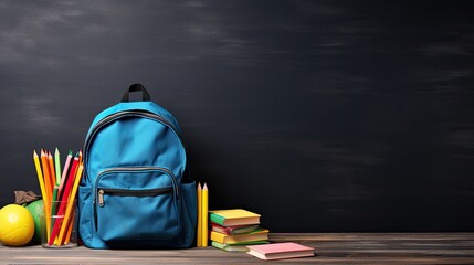 Poster - Mockup template featuring colorful crayons on a blackboard background along with a backpack books and shoes