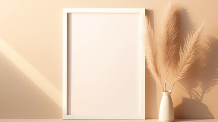 Leinwandbilder - Top view flat lay mockup with blank photo frame dried pampas grass and pastel background for logo or text placement