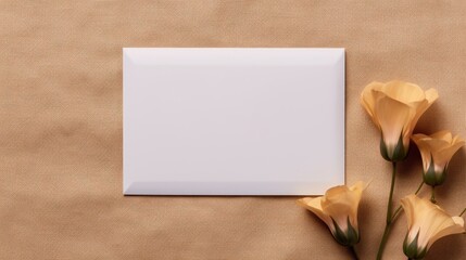 Poster - Blank card with placeholder space floral envelope on neutral beige linen classy business brand design ad or customizable card. Mockup image