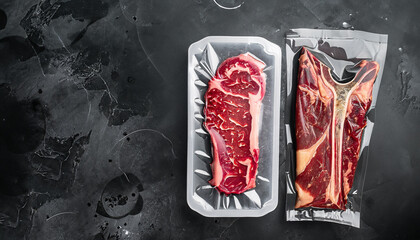 Dry aged steak in a vacuum. Meat products in plastic pack set, tomahawk, t bone and club steak cuts, on black stone background, top view flat lay, with copy space for text