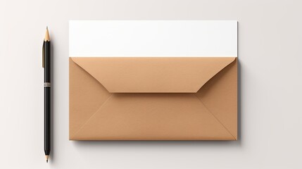 Poster - Minimal branding design template with blank card in kraft paper envelope and pencil on white background. Mockup image