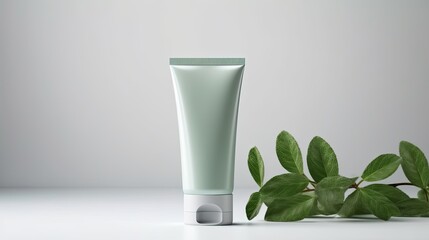 Sticker - Packaging for skin care and cream tube with mirror and green leaves on white background Mockup space for text