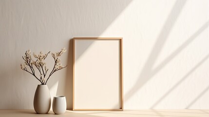 Canvas Print - Empty frame on beige table with copy space vase with branches sunlight shadows on curtain background sustainable branding or design template. Mockup image