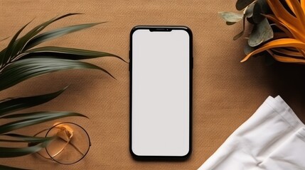 Poster - Minimalist brand template with phone paper plant on jute mat. Mockup image