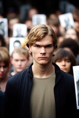 portrait of a young man standing in front of a group holding placards