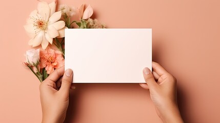 Poster - Person holding blank card and envelope with flowers on beige background elegant template for invitation greeting or business card with space for text . Mockup image