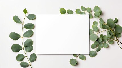 Poster - Minimal boho style card with blank space on eucalyptus leaves top view Ideal for business social media and blogs. Mockup image