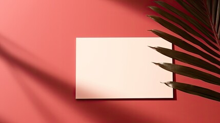 Canvas Print - Invitation or business card template with blank copy space and palm leaf on red background Minimal and luxurious design. Mockup image