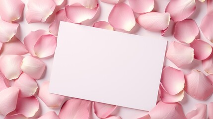 Poster - Minimal Valentine s Day template with pink rose petals on blank paper cards Flat lay top view. Mockup image