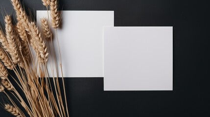 Poster - Minimal business brand template with blank paper sheet cards dry grass stems on deep grey background in an aesthetic flat lay view. Mockup image
