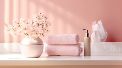 Aufkleber - Pastel pink bathroom decor with elegant accessories and soft lighting . Mockup image