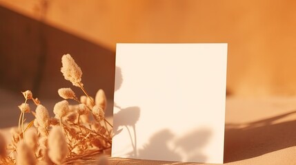 Poster - Background with blank mockup copy space and dried flower grass on tan paper card illuminated by soft sunlight with shadow silhouette
