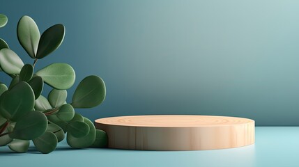 Wall Mural - Wood slice podium with eucalyptus leaves and shadows on blue background 3D Render Minimal concept Advertising template. Mockup image