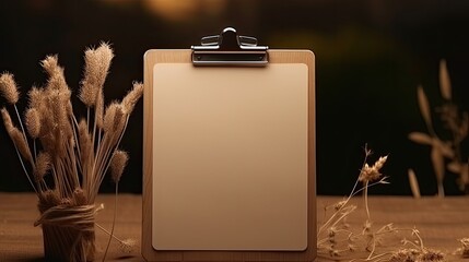 Poster - Clipboard with paper and dried flower grass on dark background with soft sunlight. Mockup image