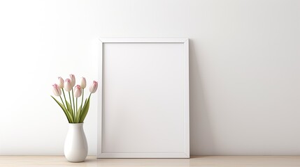 Poster - Minimalist sustainable branding or interior design template with a white picture frame on a shelf sun light shadows on a white concrete wall background. Mockup image