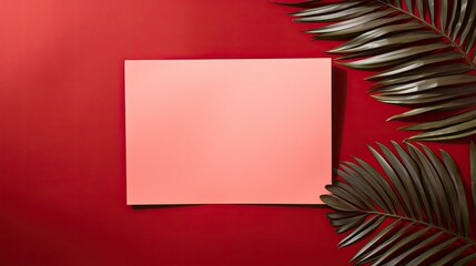 Poster - Red background with a blank card and palm leaf on it minimalistic business template . Mockup image
