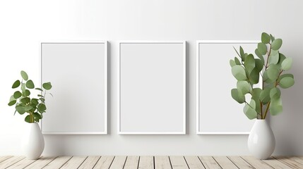 Mockup of three frames with blank squares for artwork or print on white or gray wall with eucalyptus green plants in vase with room to write