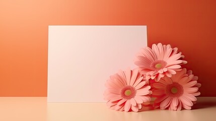 Wall Mural - Aesthetic wedding invite template with gerber flowers and copy space on blank card against salmon pink wall with sunlight shadows. Mockup image