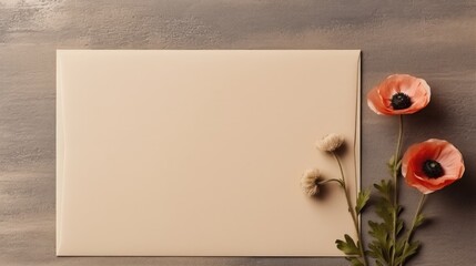 Poster - Blank wedding invitation card template with copy space on Kraft envelope and poppy stem Design for brand identity . Mockup image