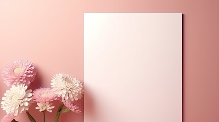 Poster - Minimal blank card with copy space and gerber flowers on a pink background Aesthetically pleasing sunlight shadows Simple business branding template. Mockup image