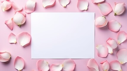 Poster - Minimal Valentine s Day template with a blank card pink rose petals in flat lay view. Mockup image