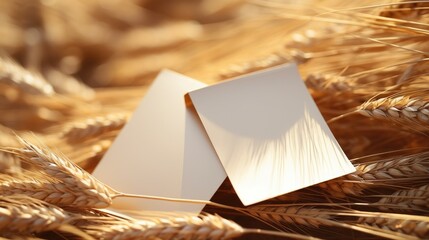 Poster - Blank mockup paper cards with dried grass on gold silk background Minimal bohemian template for invitation or business cards
