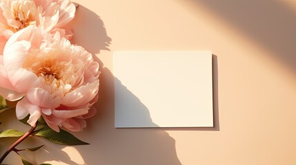 Poster - Peony flower with shadows on peach background minimalist brand template. Mockup image