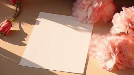 Poster - Minimal business brand template with blank cards and carnation flowers featuring aesthetic sunlight shadows. Mockup image
