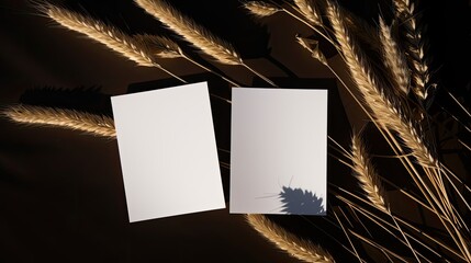 Poster - Minimal business brand template with blank cards dry grass stem and sunlight shadows on dark background. Mockup image