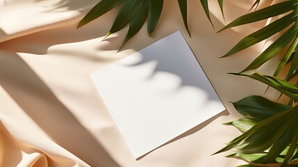 Poster - Minimalist brand template with mockup copy space on blank cards sunlight shadow on fabric background Flat lay top view