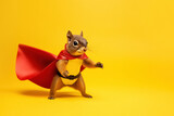 squirrel in superhero cape over yellow background. Generative Ai