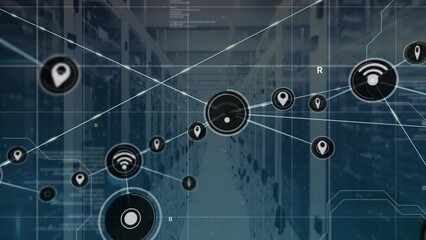 Canvas Print - Animation of network of digital icons and interface with data processing against server room