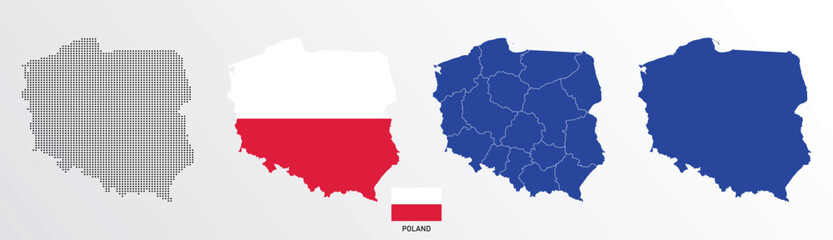  Set of political maps of Poland with regions isolated and flag on white background. Poland map blue color vector illustration.