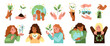 © YummyBuum - People save planet. Cartoon cute girls with green ecological symbols, hyman hands with environment elements, women hugging love earth. Ecology protection, nature activists, tidy vector set
