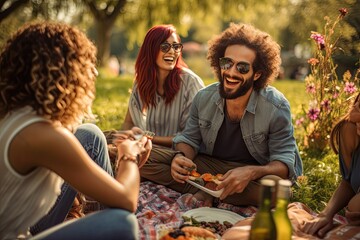 Wall Mural - group of friends laughing and enjoying a picnic in the meadows (Generative AI)