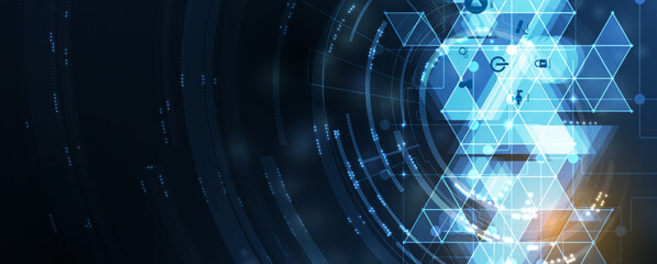 Technology banner design with hexagons abstract background.