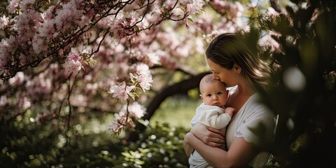 Wall Mural - loving mother holding her baby in her ams under flowering trees (Generative AI)