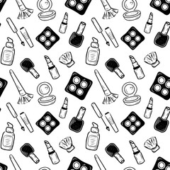 Seamless black and white pattern with cosmetics and accessories. Hand drawn vector cosmetic doodles