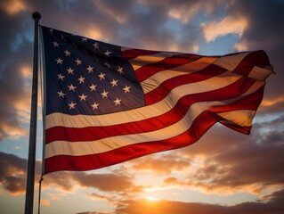 A US flag waves against a vibrant sky, symbolizing freedom's enduring spirit