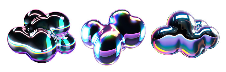 Wall Mural - bold holographic liquid metal blob shapes set isolated. iridescent chrome melted bubble drops on tra
