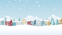Winter City In Retro Style. Christmas Background With Houses, Christmas Tree, Snowman. Cozy Town In A Flat Style With Lettering Merry Christmas.